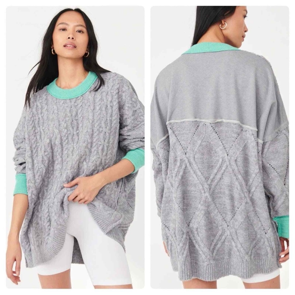 Free People Gray Cable Knit Olympia Oversized Sweater Sweatshirt Tunic Small